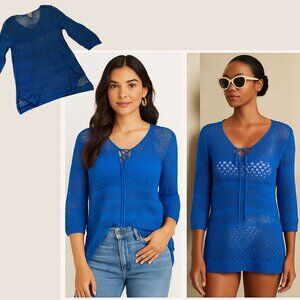 Chicos Blue Crochet Knit Top Size M Swim Cover Up Pullover Lightweight Color Pop